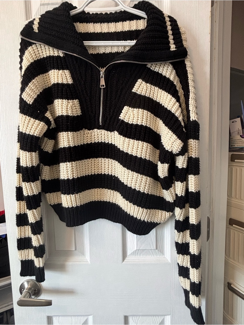 Striped Half-Zip Turtleneck Sweater in Black & Cream